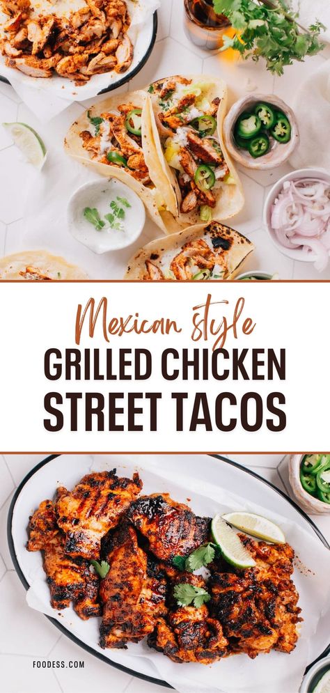 Enjoy the authentic flavors of Mexican street food with these mouthwatering Chicken Street Tacos! Made with juicy boneless chicken thighs marinated in a tantalizing blend of chicken taco seasoning and zesty lime juice, these tacos are bursting with fresh and flavorful ingredients. Grilled to perfection, the chicken is tender and infused with irresistible smoky flavors. These tacos are weeknight-friendly, great for hosting taco nights, parties or even meal prep! Find the full recipe on my blog. Baked Chicken For Tacos, Struggle Food, Carne Asada Chicken, Chicken Street Tacos Recipe, Best Chicken Tacos, Street Tacos Chicken, Street Tacos Recipe, Chicken Street Tacos, Street Taco Recipe