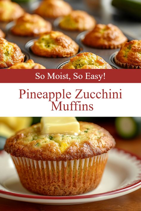 Freshly baked pineapple zucchini muffins with overlay text reading "pineapple zucchini muffins" and "moist & easy". The muffins are golden brown with visible zucchini and pineapple flecks. Pineapple Zucchini Bread, Zucchini Pineapple Bread, Zucchini Pineapple, Pumpkin Zucchini Bread, Bread Zucchini, Zucchini Cakes, Easy Zucchini Bread Recipes, Pumpkin Zucchini, Zucchini Loaf