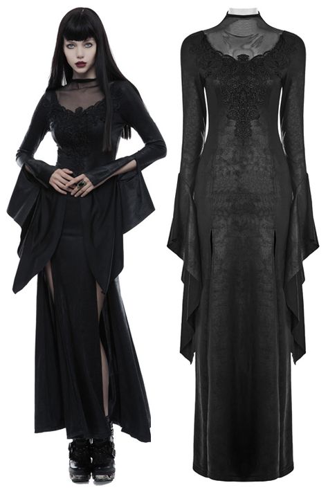 Black Gothic Long Dress, Dark Long Dress, Long Black Gothic Dress, Long Black Dress Goth, Elegant Gothic Dress, Vampire Dress Aesthetic, Gothic Dress Outfit, Goth Dress Long, Gothic Vampire Dress