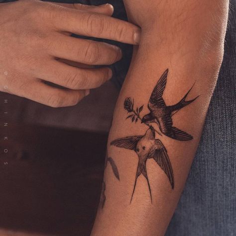 Swallows Tattoo, Bird Hand Tattoo, Swallow Tattoo Design, Animal Tattoos For Men, Small Bird Tattoos, Black Bird Tattoo, Small Chest Tattoos, Sparrow Tattoo, Simple Tattoos For Guys