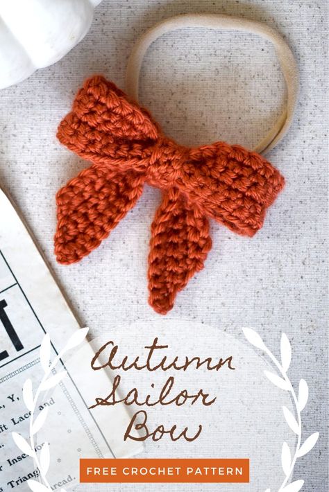 Fall Craft Fair Crochet, Crochet Bow Headband Pattern Free, Simple Fall Crochet Patterns, Free Crochet Hair Bow Pattern, Crocheted Hair Bows, Simple Crochet Bow Pattern, Crochet Bow Scrunchie, Knit Hair Bow Free Pattern, Crochet A Bow Free Pattern