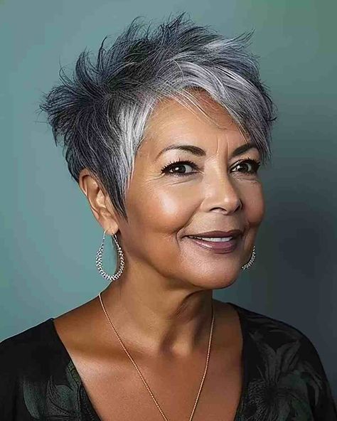 Gray Hair Highlights Short Hair, Short Hair Grey Highlights, Short Hair Color 2023 Trends, Short Hair Styles Pixie Over 50, Short Spikey Hair For Women Over 50 Over 50 Pixie Haircuts, Very Short Hair Styles For Women, Highlight Hair Color Grey, Short Spiky Hairstyles For Women Over 50, Women’s Pixie Haircut