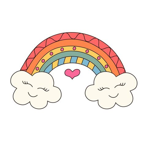 Cute rainbow character with clouds. Groovy retro hippie psychedelic clipart. Rainbow Character, Groovy Rainbow, Groovy One, Rainbow Png, Groovy Retro, Cute Rainbow, Vector Art, Vector Free, Royalty