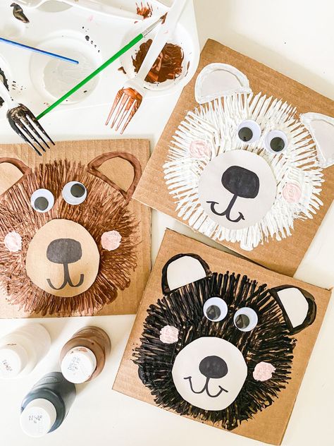 10 EASY Bear Crafts for Kids - ABCDee Learning Bear Crafts For Kids, Bear Crafts Preschool, Fork Painting, Bears Preschool, Teddy Bear Crafts, Polar Bear Craft, Canadian Animals, Bear Craft, Bear Crafts