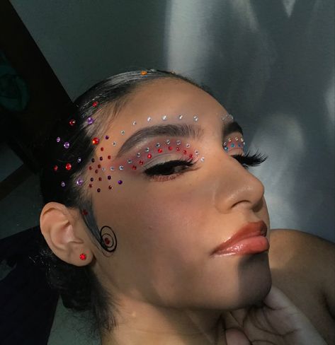 Alexa Demi inspired red, purple, white Rhinestone Makeup look Gem Makeup, Makeup Tuts, Rhinestone Makeup, Makeup Art, Makeup Inspo, Makeup Ideas, Face Paint, Carnival Face Paint, Makeup Looks