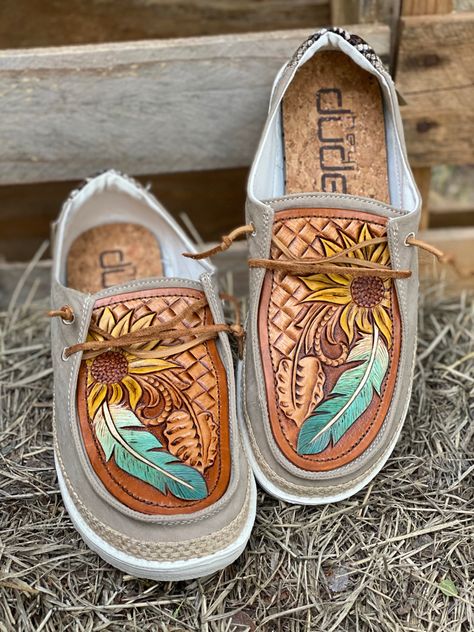 Leather Hey Dudes Sunflower, Tooled Hey Dudes, Tooled Leather Hey Dudes, Leather Hey Dudes, Hay Dudes, Hey Dude Shoes Women, Custom Hey Dudes, Western Things, Heydude Shoes