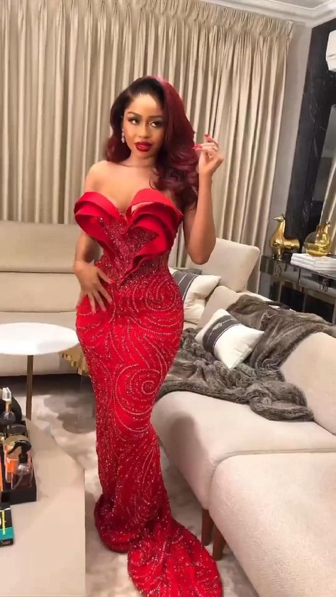 Only For My Ladies Dresses, Red Lace Dress Styles Nigerian, Red Nigerian Lace Dress, Red Asoebi Styles, Burgundy Dress Black Women, Red Lace Asoebi Styles, Red Nigerian Dress, Red Kente Styles For Engagement, Gala Dinner Outfit Night Evening Dresses