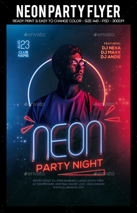 Neon Night Party Flyer Template PSD. Download Neon Poster Design, Neon Night Party, Night Poster Design, Party Design Poster, Birthday Club, Event Poster Design, Neon Nights, Neon Design, Neon Party