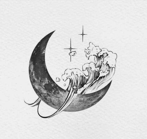 Ocean With Moon Tattoo, Moon And Wave Tattoo Designs, Circle Ocean Tattoo, Moon And Ocean Drawing, Shaded Wave Tattoo, Moon And Ocean Tattoo Designs, Star And Ocean Tattoo, Moon And Tide Tattoo, Celestial Ocean Tattoo