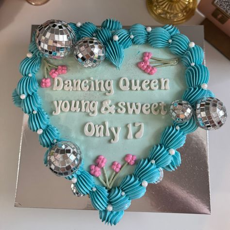 young & sweet—only 17 💃🏻🩵🪩 #cakes #dancingqueen #vintage Pastel, Young And Sweet Only 17 Cake, Dancing Queen Cake, Queen Cake, 17 Birthday, Queen Cakes, Mama Mia, 17th Birthday, I Am A Queen