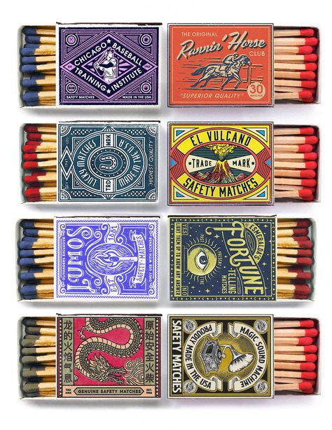 Unique Match Boxes, Match Box Design Packaging, Cool Matchbox Designs, Matches Design Packaging, Match Box Graphic Design, Old School Packaging, Cool Match Boxes, Product Packaging Illustration, Match Box Packaging