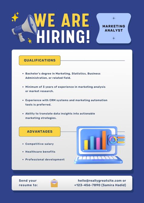 Blue 3D Modern Marketing Analyst Job Recruitment Flyer - Templates by Canva Job Recruitment Poster, Recruitment Flyer, Marketing Analyst, Modern Marketing, Marketing Analysis, Recruitment Poster, Crm System, Flyer And Poster Design, Marketing Automation