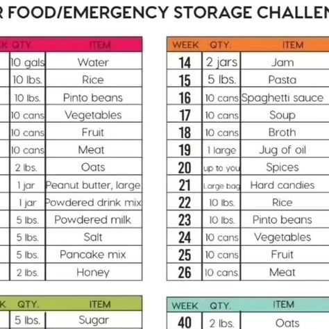 The Homestead Wife • Homesteading & Preppin' on Instagram: "52 Week Food Storage Challenge!  It's the perfect time to get started on building an emergency food storage! I've have 4 easy options:  2 Week Food Supply - which covers 2 weeks of emergency food for one person.   1 Year Food/Emergency Storage, which includes both food and emergency supplies.  52 Week Food Storage Checklist, which is food focused only   Lastly, a $5 per week purchase list for those focused more on budget.   The idea with all 4 is to buy a few extra things when you make your weekly grocery store run.  It’s nothing crazy, overwhelming.   This isn’t meant for you to have a year of food storage.  It is meant for you to accumulate food storage throughout the year, one week at a time.   Food storage has become increasin One Year Food Supply List, Years Supply Of Food, Emergency Food Supply List, Food For One Person, Homestead Wife, Food Supply List, Emergency Supply List, Food For One, Emergency Storage