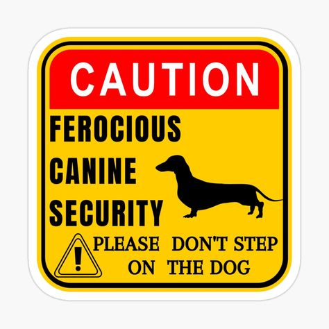 Caution ! Ferocious canine security dachshund warning sign. Please don't step on the dog. Humorous red and yellow caution label design with a cute pup for dachshund lovers around the world Dog Warning Signs, Chihuahua Mom, Chihuahua Funny, Dangerous Dogs, Advertising Posters, Guard Dog, Sign Sticker, Funny Dachshund, Warning Sign