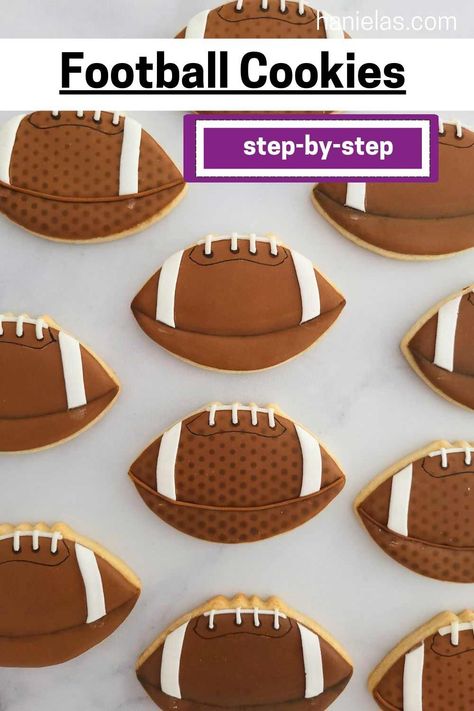 Celebrate with Football Cookies (tutorial) Steelers Cookies, Sports Desserts, Football Sugar Cookies, Super Bowl Cookies, Sports Cookies, Football Cookies, Royal Iced Cookies, Cookie Tutorials, Sugar Cookie Designs