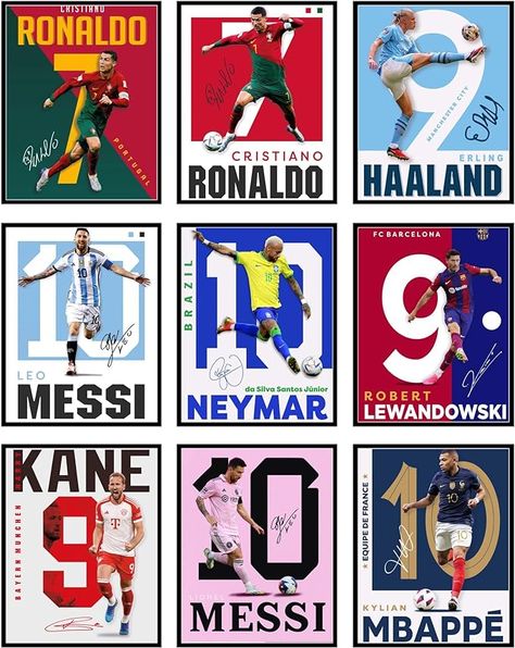 Amazon.com: BigWig Prints Soccer Poster - Soccer Posters For Boys Bedroom, Messi And Ronaldo Poster, Messi Posters For Boys Bedroom, Soccer Wall Art, Messi Wall Art, Ronaldo Posters - Unframed Set Of 9 (8x10”): Posters & Prints Ronaldo Bedroom Ideas, Messi Bedroom Ideas, Football Room Decor Ideas, Diy Soccer Decor, Soccer Boys Room, Soccer Basement, Ronaldo Room, Soccer Bedroom For Boys, Messi Room