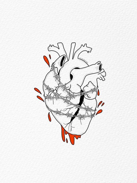 Heart And Barbed Wire Tattoo, Heart Tattoo With Barbed Wire, Heart Ribcage Drawing, Rotting Heart Drawing, Heart With Wire Tattoo, Rotten Heart Drawing, Heart Bleeds Art, Chained Heart Drawing, Breaking Heart Tattoo