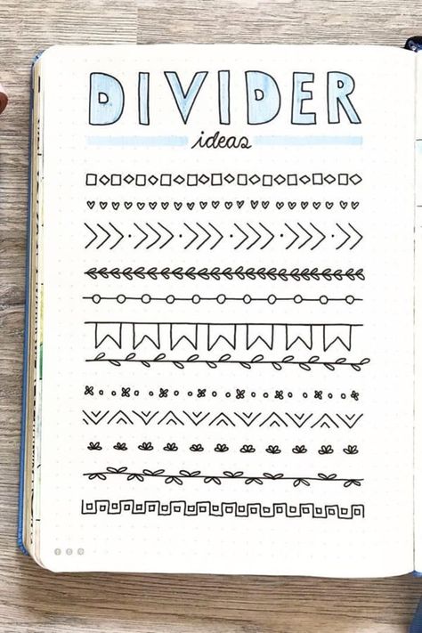 Collection of super cute and easy bullet journal divider ideas #bujodoodle #bulletjournal #bujodivider Notes In Notebook Ideas, Aesthetic Notes Dividers, Cute Aesthetic Notes Ideas, Ideas For Writing Notes, Ideas For Notebooks Writing, Note Headings Ideas, Bujo Divider Ideas, Cute Notebooks Ideas, Paper Notes Ideas Aesthetic