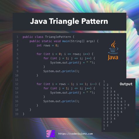 This program outputs a triangle pattern. 🔗 Link in Bio - Learn to code online #java #javaprogramming #javacode #javacoding #learnjava #code #codes #coding #learntocode #learncode #learncoding #learnprogramming #programming #softwaredeveloper #developer#softwaredevelopers #programminglife #codinglife #programminglanguage #programmingstudents #dev #devs #developer #developerlife Java Code Wallpaper, Java Programming Notes, Java Programming Code, Java Notes, Java Learning, Java Language, Java Code, Java Programming Tutorials, Learn Java