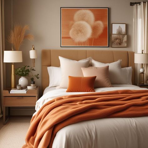 Beige Brown Bedroom, Orange Headboard, Rustic Side Tables, Beige Blanket, Cozy Bedroom Decor Ideas, Blanket Wall, Cozy Bedroom Decor, Nordic Bedroom, Rustic Side Table