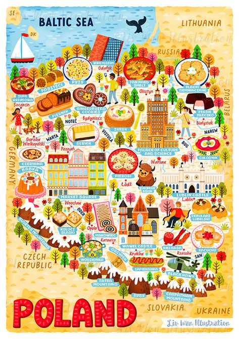 Polish Culture Art, Poland Map Illustration, Food Map Illustration, Poland Illustration, Poland Symbols, Cultural Poster, Poland Aesthetics, Poland Poster, Map Of Poland