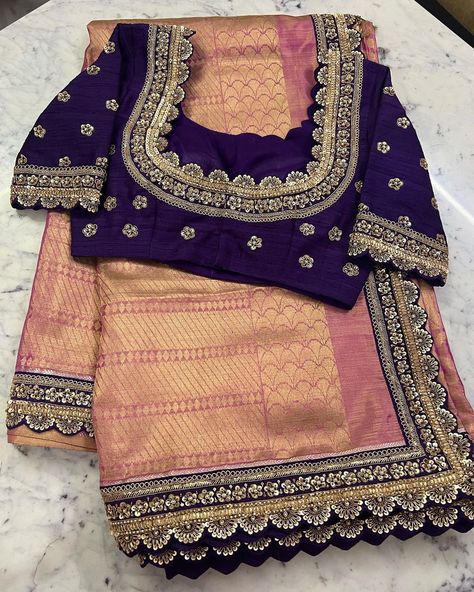 Blouse Design For Border Saree, Saree Cut Work Designs, Saree Less Border Design, Violet Colour Blouse Work Designs, Saree Work Design Embroidery, Cut Work Blouse Designs, Saree Border Designs, Zardosi Work Blouse, Wedding Blouses