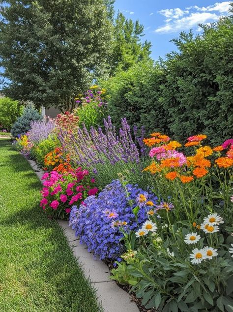 Best Plants For Garden, Fence Line Landscaping Ideas, Fence Line Landscaping, Front Yard Flower Garden, Colorful Landscaping, Front Yard Flowers, Caring For Plants, Green Fence, Patio Flowers