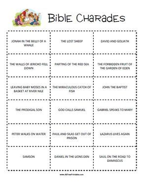 Free Printable Bible Charades Game. Free Printable Bible Charades Game to have fun with kids Bible at school, home or Church. A very easy Bible Charades Game to share with your kids or students. Just cut out the 18 charades cards and place them folded in a container. Then take turns drawing a paper from the container and act it Sunday School Games Elementary Bible Activities, Fun Bible Games For Kids, Bible Who Am I Game, Bible Pictionary Ideas, Bible Games For Youth Free Printables, Church School Activities, Bible Bingo For Kids Free Printable, Fun Sunday School Games, Bible Pictionary Game