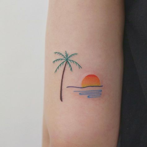 Beach scene tattoo - small tattoo - palm tree sunset ocean tattoo Small Sunset Tattoo, Strand Tattoo, Small Beach Tattoos, Sunrise Tattoo, Beachy Tattoos, Sunset Tattoo, Scene Tattoo, Ocean Tattoo, Sunset Tattoos