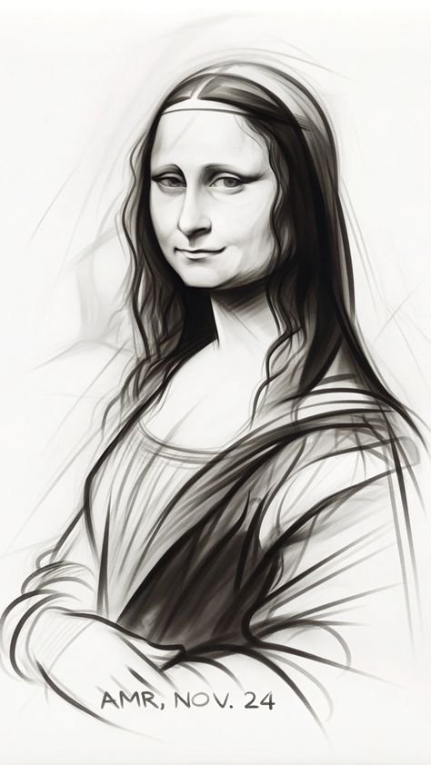 The iconic Mona Lisa, partially drawn, Charcoal Sketch Charcoal Sketch, Mona Lisa, Sketch