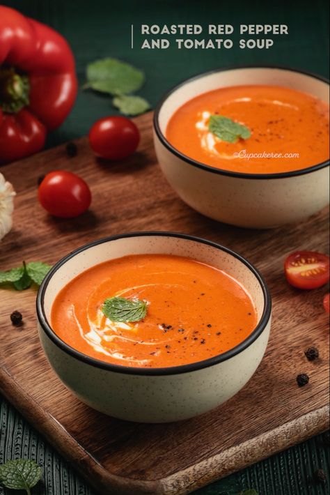 Tomato Bell Pepper Soup, Roasted Red Pepper Soup Sheet Pan, Oven Roasted Tomato And Red Pepper Soup, Roasted Tomato Red Pepper Soup, Tomato Roasted Red Pepper Soup, Roasted Red Pepper And Tomato Soup, Toasted Red Pepper And Tomato Soup, Red Bell Pepper Soup, Red Pepper Tomato Soup