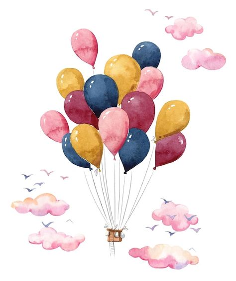 Comic Balloon, Hot Air Balloon Drawing, Watercolor Calendar, Birthday Doodle, Balloon Cartoon, Balloon Illustration, Balloon Painting, Background Drawing, Book Illustration Art