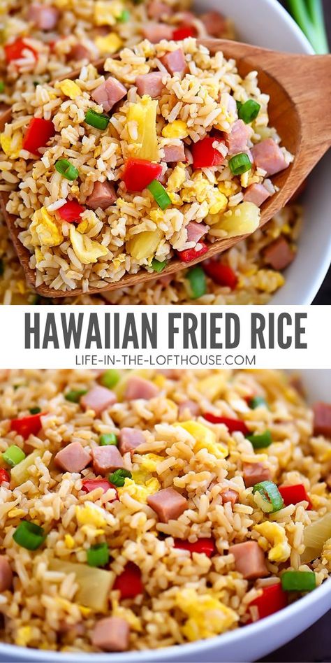 Fried Rice Pineapple, Rice Dinner Ideas Easy, Ham And Peppers, Hawaii Fried Rice, Hawian Style Rice, Hawaiian White Rice, What Goes With Fried Rice, Rice With Fruit Recipes, Fried Rice With Ham