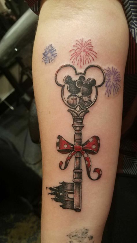 Disney Remembrance Tattoo, Disney Castle Fireworks Tattoo, Disney Logo Tattoo, Disney Ears Tattoo, Disney Thigh Tattoos Women, Disney Tattoo Sleeves For Women, Disney Key Tattoo, Disney Tattoos Unique, Noah Tattoo