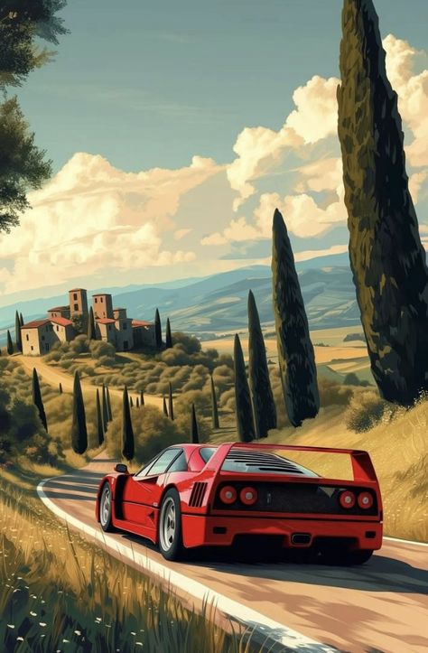 Ferrari F40 Painting, Ferrari F40 Wallpapers, Car Wallpaper Aesthetic, Ferrari Illustration, Ferrari Painting, Cars Aesthetic Wallpaper, Ferrari F40 Poster, Red Mclaren, Auto Wallpaper