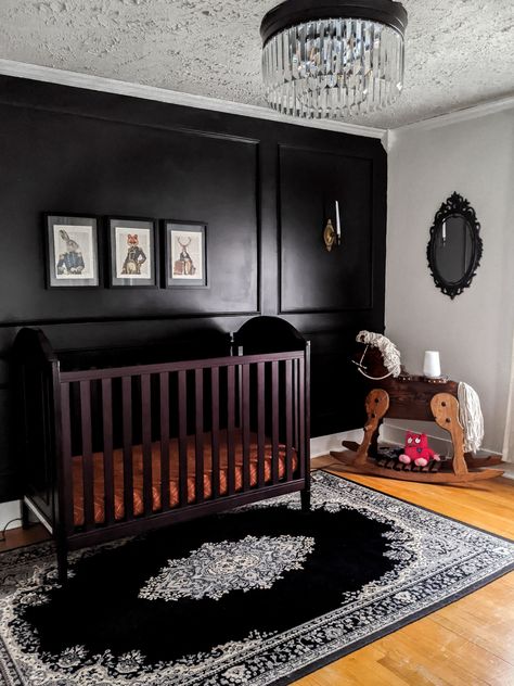 Victorian Goth Nursery, Dark Theme Nursery, Dark Nursery Aesthetic, Dark Themed Nursery, Adams Family Nursery, Punk Rock Nursery Ideas, Unusual Nursery Ideas, Black Nursery Aesthetic, Goth Sunroom