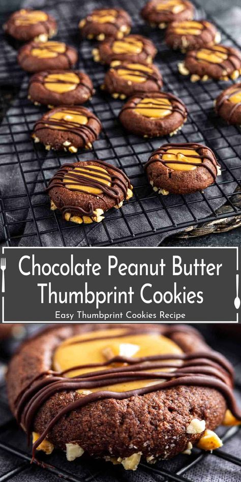 Looking for the perfect holiday treat? These Peanut Butter Chocolate Thumbprint Cookies are a must-try! Featuring a soft chocolate base, creamy peanut butter filling, and a drizzle of melted chocolate, they’re ideal for anyone who loves chocolate and peanut butter cookie recipes. Perfect for parties or gifting, these easy thumbprint cookie desserts are a festive favorite! Thumbprint Cookies Recipe Chocolate, Thumbprint Cookies Peanut Butter, Soft Thumbprint Cookies, Chocolate And Peanut Butter Cookies, Peanut Butter Drizzle Recipe, Peanut Butter Cookie Recipes, Thumbprint Cookies Easy, Peanut Butter Thumbprint Cookies, Butter Cookie Recipes