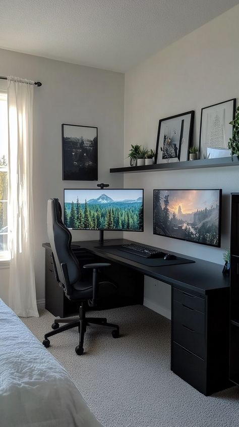 The Ultimate Gaming Room Ideas for Boys: A Visual Journey of Unique Setups - Remodr Gaming Desk Bedroom, Classy Video Game Room, Study Gaming Room, Gaming Set Up In Living Room, Gaming Room Setup Minimalist, Video Game Setup Ideas, Black Gamer Room, Bedroom Computer Desk Ideas, Modern Gaming Setup