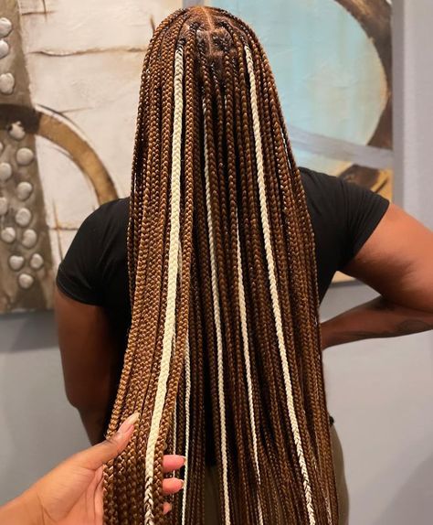 Box Braids Hairstyles For Black Women With Color, Black Brown Blonde Box Braids, Black And Blonde Ombré Box Braids, Blond Brown Black Braids, Brown And Blonde Knotless Braids Black Women, Multi Color Brown Braids, Peekaboo Box Braids Brown And Blonde, Black And 27 Box Braids, Brown Braids With Peekaboo