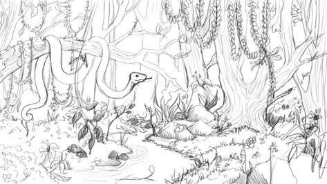 Jungle Background Drawing, Jungle Scene Drawing, Tropical Rainforest Drawing, Jungle Drawing Sketches, Rain Forest Drawing, Rainforest Sketch, Forest Drawing Simple, Jungle Drawings, Rainforest Drawing