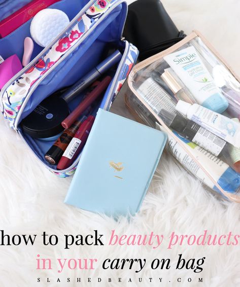 Going on a trip soon? You'll want to know the best way to pack beauty products for travel in a carry on so that your stash is flight friendly! Packing Makeup In A Carry On, How To Pack Skincare For Travel, How To Pack Makeup For Travel, How To Pack Makeup In A Carry On, Travel Hair Products, Carry On Toiletries, Banff Trip, Carry On Makeup, Packing Toiletries