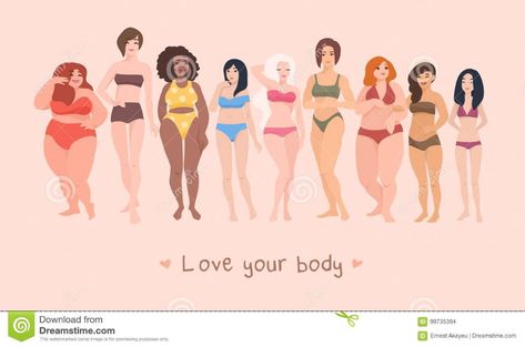 Multiracial Women Of Different Height, Figure Type And Size Dressed In Swimsuits Standing In Row. Female Cartoon Stock Vector - Illustration of cartoon, hairstyle: 99735394 Bathing Suits, Love Your Body, A Group, The Words, Love Your