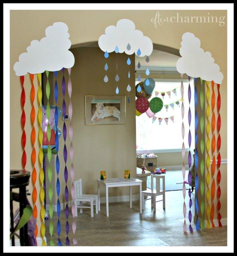 Rainbows and rain clouds make the perfect, easy DIY decorations for a Peppa Pig Party -- Often Charming Preschool Party Decorations, Peppa Pig Party Decorations Diy, Peppa Pig Diy Decorations, Diy Peppa Pig Decorations, Easy Diy Party Decorations, Diy Rainbow Decorations, Diy Decorations Party, Easy Diy Decorations, Pig Birthday Decorations