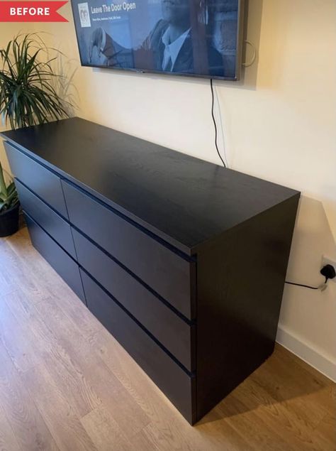 Black Malm Furniture Bedroom, Malm Black Bedroom, Ikea Malm Bedroom Ideas Black, Malm Dresser Hack Black, Malm Dresser Decor, Black Dresser Bedroom Ideas, Ikea Malm Dresser Bedroom Black, Dresser Under Tv, Malm Drawers