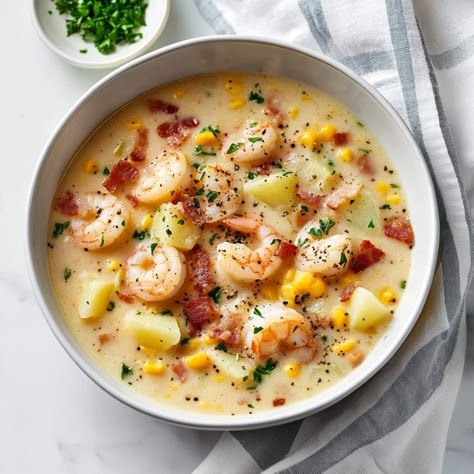 This creamy shrimp and corn chowder will warm your heart and soul! It's sweet, smoky, and full of delicious flavor. Sweet Corn And Shrimp Chowder Soup, Shrimp Clam Chowder, Creamy Shrimp And Corn Chowder, Shrimp Corn Chowder Recipe Crock Pot, Cajun Shrimp Chowder, Bacon Shrimp Corn Potato Chowder, Shrimp Chowder Easy, Shrimp And Corn Chowder Recipe, Shrimp Corn Potato Chowder