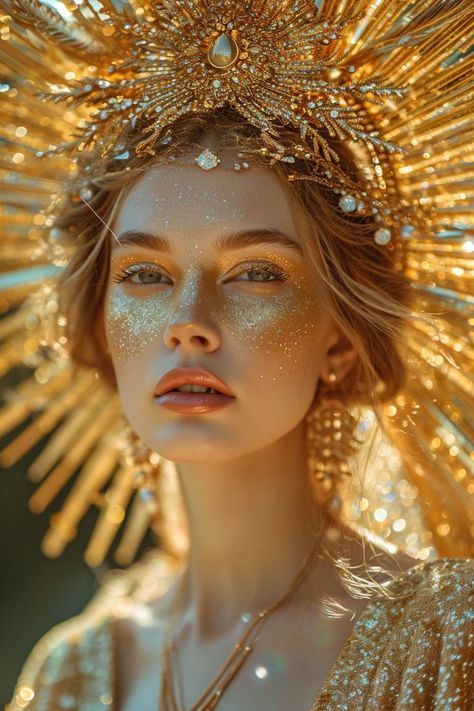 ♔ Portraits Créés par IA Gold Goddess Photoshoot, Golden Goddess Photoshoot, Sun Goddess Photoshoot, Goddess Photoshoot Ideas, Photoshoot Painting, Sun Goddess Costume, Gold Photoshoot, Gold Face Paint, Gold People