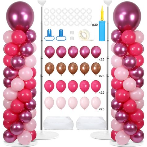 PRICES MAY VARY. Packing list: pink party balloon column kit includes stainless steel telescopic pole x 2, 10-inch metal rose red balloon x 25, 10-inch metal rose gold balloon x 25, 10-inch rose red balloon x 25, 10-inch tender pink balloon x 25, manual Balloon pump x 1, knotter x 2, balloon clip x 30, top balloon cup x 2, base x 2, water bag x 2, stopper x 2, balloon glue point x 1, installation instruction x 1. Stainless steel telescoping pole: height adjustable 1.5 ft to 6.56 ft. High quality Balloon Tower Stand, Balloon Column Stand, 2 Balloon, Balloon Inflator, Balloon Tower, 90th Birthday Parties, Balloon Kits, Tower Stand, Balloon Stands