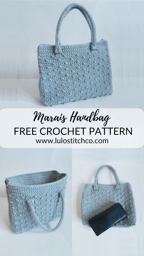 With its subtle texture and clean lines, the Marais Handbag is a must-have addition to your spring and summer wardrobes. It's an easy project that can be done in a day. Find this free pattern and more at www.lulostitchco.com Crochet Over Shoulder Bag Free Pattern, Free Crochet Handbags Patterns, Diy Crochet Handbags, Clutch Bag Crochet Pattern Free, Free Macrame Purse Patterns, Crochet Handbags Patterns Free Projects, Crochet Crossbody Bag Pattern Free Purse Tutorial, Easy Crochet Handbags Free Pattern, Crotchet Bags Patterns Free