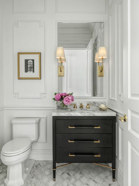 Powder Room (Laurie LeBoeuf) – Scaled Powder Bath Paneling, Panelled Powder Room, Office Powder Room Ideas, Transitional Powder Room Design, Chinoiserie Powder Room Ideas, Upscale Powder Room, Custom Powder Room Vanity, Powder Room With Molding, Powder Bath Vanities