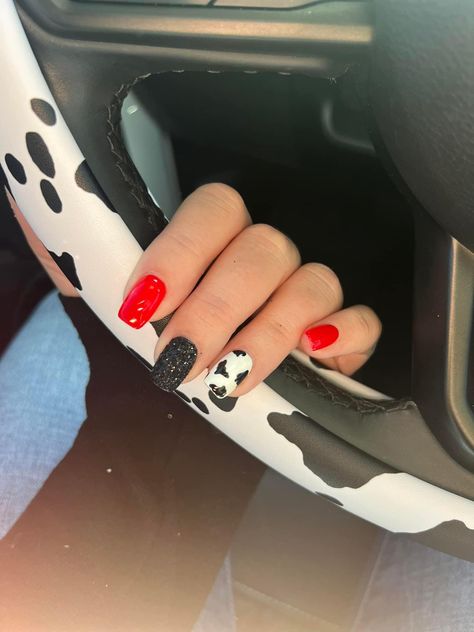 Dip Nails Cow Print, 21st Birthday Nails Western, Short Nails Ideas Western, Nail Ideas Punchy, Red And Black Cow Print Nails, Neon Pink Western Nails, Koe Wetzel Concert Nails, Cow Print Nails Ideas, Red Cow Print Nails Acrylic